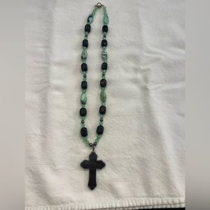 Aqua and black cross necklace